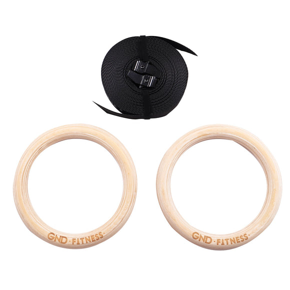 GND Wooden Gymnastic Rings W/ Nylon Bracing Straps - Gym Rings- GND Fitness